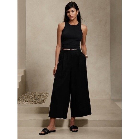 Banana Republic Linen Blend Pants Black Wide Leg Cropped Pull On High Rise Sz M - Picture 1 of 10